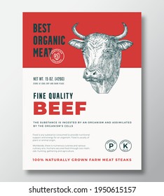 Best Organic Meat Abstract Vector Packaging Design or Label Template. Farm Grown Beef Steaks Banner. Modern Typography and Hand Drawn Cow Head Silhouette Background Layout with Soft Shadow.