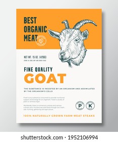 Best Organic Meat Abstract Vector Packaging Design or Label Template. Farm Grown Steaks Banner. Modern Typography and Hand Drawn Goat Head Silhouette Background Layout with Soft Shadow.