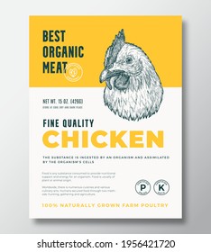 Best Organic Meat Abstract Vector Packaging Design or Label Template. Farm Grown Poultry Banner. Modern Typography and Hand Drawn Chicken Head Silhouette Background Layout with Soft Shadow.