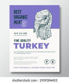 Best Organic Meat Abstract Vector Packaging Design or Label Template. Farm Grown Poultry Banner. Modern Typography and Hand Drawn Turkey Head Silhouette Background Layout with Soft Shadow.