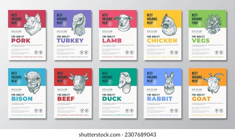 Best Organic Meat, Poultry, Herbs and Vegetables Vector Label Packaging Templates Set. Farm Grown Products Banners Hand Drawn Domestic Animal Heads Silhouette Backgrounds Layouts Collection