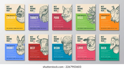 Best Organic Meat, Poultry, Vegetables Vector Packaging Design or Label Templates Set. Farm Grown Food Products Banners Hand Drawn Domestic Animals Silhouette Backgrounds Layout Collection