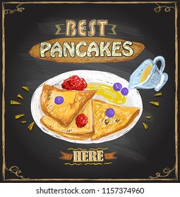 Best pancakes here, vector poster with pancakes served with berries on a plate