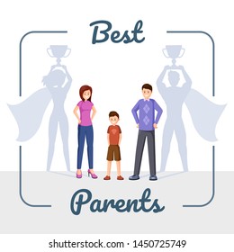 Best parents flat vector illustration. Happy family, mother and father with superhero shadow cartoon characters in frame. Successful people, ambitious and motivated couple content layout