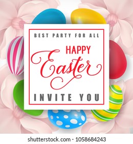 Best Party for All Happy Easter Invites You lettering in frame. Easter invitation. Handwritten and typed text, calligraphy. For invitations, flyers, posters, leaflets and brochures.