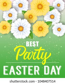 Best party Easter Day lettering with flowers and sparkles on green background. Greeting card, postcard, invitation. Easter holiday concept. Can be used for posters, leaflets and brochure