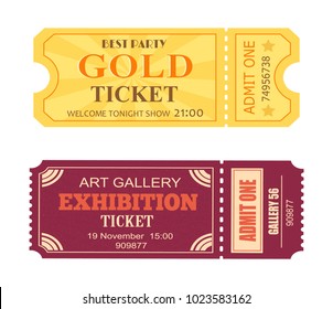 Best party gold ticket art gallery exhibition coupon with date and seat info, admit one permission and pass code line vector illustration set