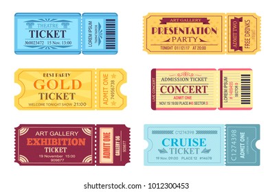 Best party gold ticket, cinema and theatre, cruise trip, exhibition and presentation party, collection vector illustration isolated on white