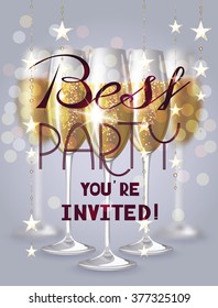 Best party invitation card with glasses of champagne and garlands
