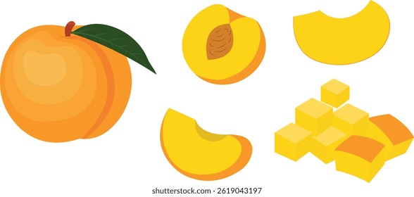 Best peaches whole, ripe, slice fruit with green leaf isolated on white background, fresh peach for good health, abstract vector icon illustration, collection of vector illustration, eps10. 