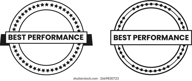 Las mejores insignias de rendimiento en blanco y negro: etiquetas de Anuncio circulares con contorno punteado en estilo de Vector monocromo