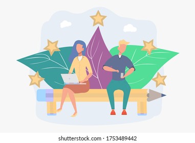 Mejor calificación de rendimiento, calificación cinco. La gente deja comentarios y comentarios, la calificación más alta para un trabajo exitoso. Ilustración vectorial colorida.