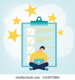The best performance score, rating five points. Man is sitting with laptops near marked checklist on a clipboard paper, successful work is the highest rating. Vector illustration in flat cartoon style