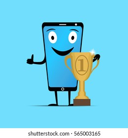 best phone a smartphone. phone next to a cup of leadership. vector illustration