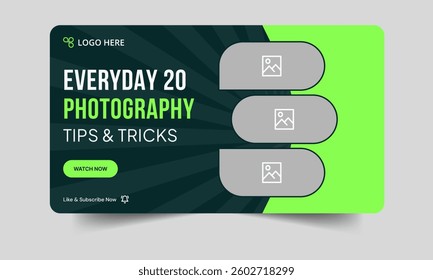 	
Best photo shoot tips and tricks video cover banner design, daily photography techniques video thumbnail banner design, customizable vector eps 10 file format