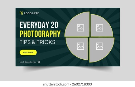 	
Best photo shoot tips and tricks video cover banner design, daily photography techniques video thumbnail banner design, customizable vector eps 10 file format