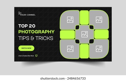 Best photography services video thumbnail banner design, photography training tips and tricks video cover banner design, fully editable vector eps 10 file format