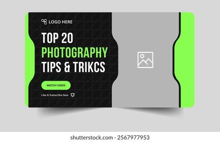 Best photography tips and techniques video thumbnail banner design, daily photo shoot tricks video cover banner, editable vector eps 10 file format