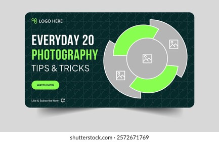 Best photography tips and trick video thumbnail banner design, daily photography techniques video cover banner, customizable vector eps 10 file format