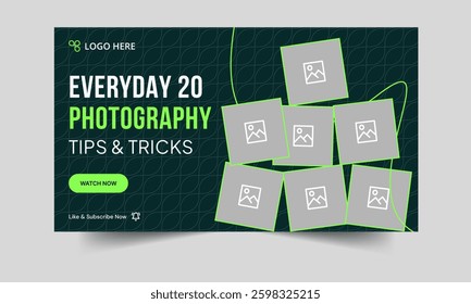 Best photography tips and trick video thumbnail banner design, daily photography techniques video cover banner, customizable vector eps 10 file format