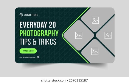 Best photography tips and tricks video thumbnail design, photography services banner design, editable vector eps 10 file format