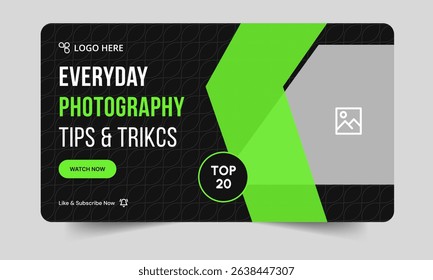 Best photography tips and tricks video thumbnail banner design, daily photography techniques video cover banner design, fully customizable vector eps 10 file format