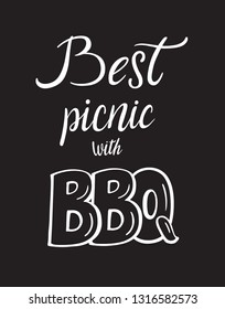 Best Picnic With Bbq. Picnic Food Cooking Lettering Designs For Print And Web Projects. Typography For Cafe Restaurant Banners Stickers Posters. Modern Calligraphy And Hand Drawn Font