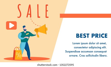 Best Pirce, Online Store Banner Vector Template. Trader, Salesman Holding Loudspeaker Cartoon Character. Customer Attraction, Ecommerce. Internet Shopping Flat Illustration with Text Space