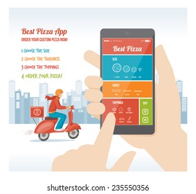 Best pizza app interface design with ingredient and icons on mobile display