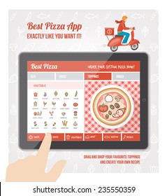 Best pizza app interface design with ingredient and icons on tablet display