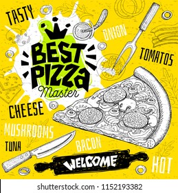 Best pizza master restaurant menu. Vector pizza food flyer cards for bar cafe. Design template, logo, emblem, sign, crown, welcome vintage hand drawn vector illustrations.