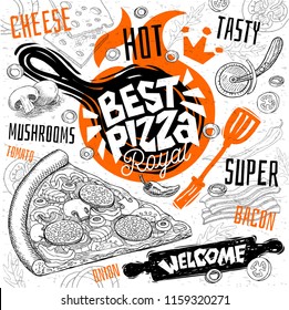 Best pizza master restaurant menu. Vector pizza food flyer cards for bar cafe. Design template, logo, emblem, sign, crown, welcome vintage hand drawn vector illustrations.