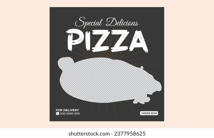 Best pizza social media post design useable for web square size  black background with high regulation and free font 