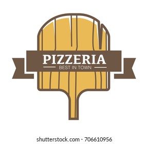 Best pizzeria in town promotional logotype with wooden board