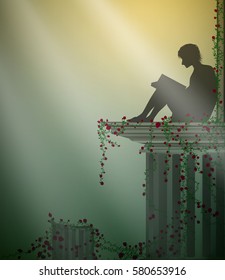 best place for lonely reading, man reading on the ruins of marple columns with soft sun rays, secret place for reading, vector
