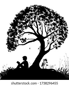 best place to read concept, boy reading under the big tree, park scene in black and white, childhood memories, shadow story, vector