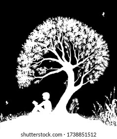 best place to read concept, boy reading under the big tree, park scene in black and white, childhood memories, shadow story, vector