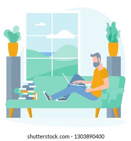 The best place for remote work. Young man is working outsourced sitting on the couch. lat design vector illustration, ready to animation vector concept for web site, presentation, mobile app.
