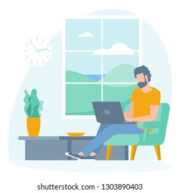 The Best Place For Remote Work. Young Man Is Working Outsourced Sitting On The Couch. Lat Design Vector Illustration, Ready To Animation Vector Concept For Web Site, Presentation, Mobile App.