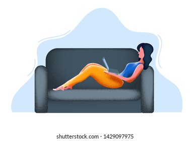 The best place for remote work. Young woman is working outsourced sitting on the couch. flat design vector illustration, vector concept for web site, presentation, mobile app.