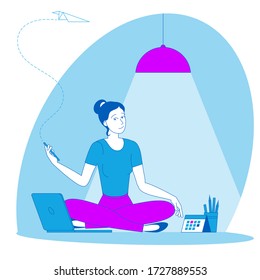 The best place for remote work. Young woman is working outsourced sitting on the floor. lat design vector illustration, ready to animation vector concept for web site, presentation, mobile app.