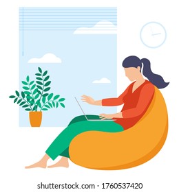 The best place for remote work. Young woman is working outsourced. lat design vector illustration, ready to animation vector concept for web site, presentation, mobile app.
