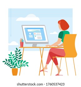 The best place for remote work. Young woman is working outsourced. lat design vector illustration, ready to animation vector concept for web site, presentation, mobile app.