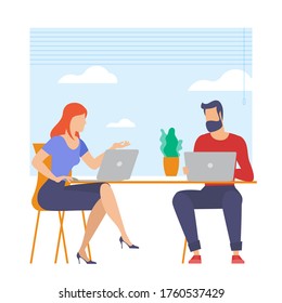 The best place for remote work. Young man and woman is working outsourced. lat design vector illustration, ready to animation vector concept for web site, presentation, mobile app.