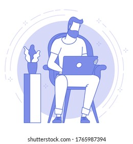 The best place for remote work. Young man is working outsourced. lat design vector illustration, ready to animation vector concept for web site, presentation, mobile app.