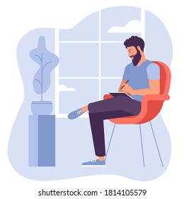 The best place for remote work. Young  outsourced male worker, fat design vector illustration, ready to animate. Vector concept for website, presentation, mobile app.