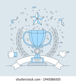 Best place trophy with star sign vector cartoon outline illustration. Cup on pedestal with laurel wreath and ribbon for winner in competition. Award for champion, prize for winner concept.