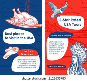 Best places to visit in united states of America, rated USA tours low price and quality guarantee. Culinary highlights and culture of native Americans. Baked turkey and eagle symbol, vector in flat