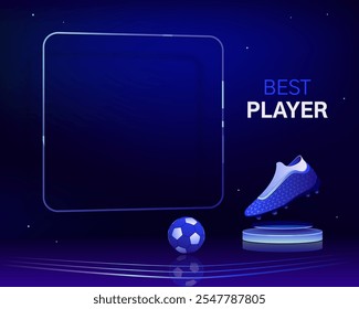 Premio al mejor jugador, trofeo al mejor jugador del partido. Estatuilla de bota de fútbol, premio al logro. Fondo de alto contraste, color vibrante. Plantilla de marco de Vector. Anuncio, medios sociales, post de blog.