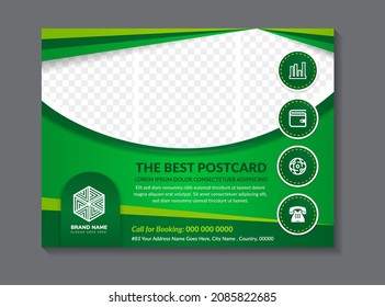 the best postcard flyer template design. horizontal banner design template with white background. curve border shape for space of photo collage. multicolored green elements design.